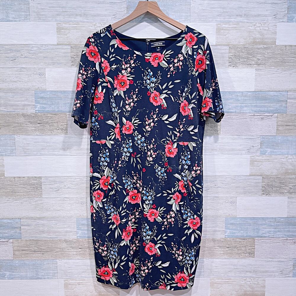 Lands End Ponte Knit Sheath Dress Navy Blue Floral Short Sleeve Pocket Womens 16